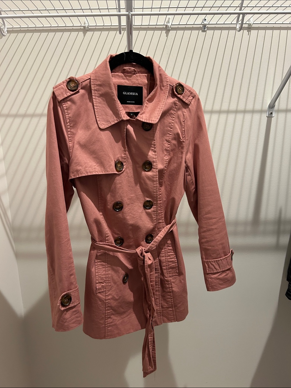 Glamsia Rose-Pink Double-Breasted Trench Coat with Tie Waist